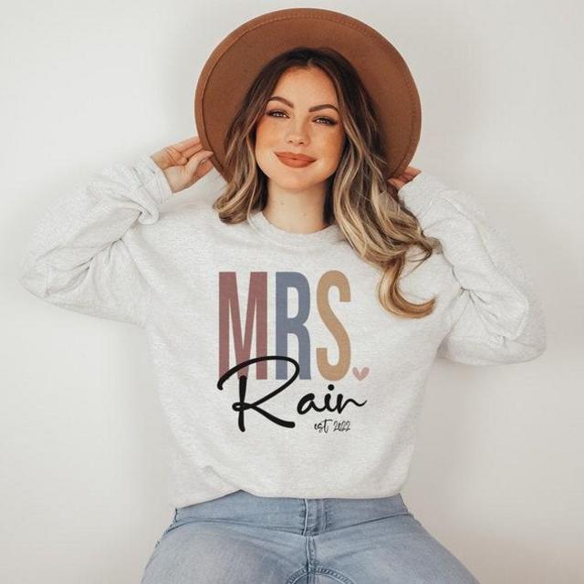 Custom Bride Sweatshirt - Mrs. Multicolor Last Name - New Bride To Be - Miss to Mrs - Wedding Date - Unisex Crewneck Sweatshirt