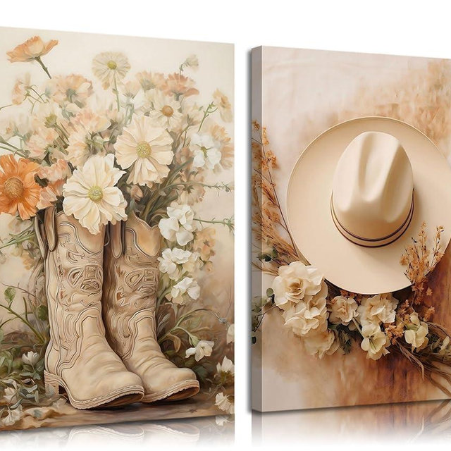 NNX 2pcs Vintage Western Cowgirl Canvas Wall Art: Coastal Cowgirl Boots & Hats Posters - Trendy Preppy Dorm Room & Living Room Wall Decor