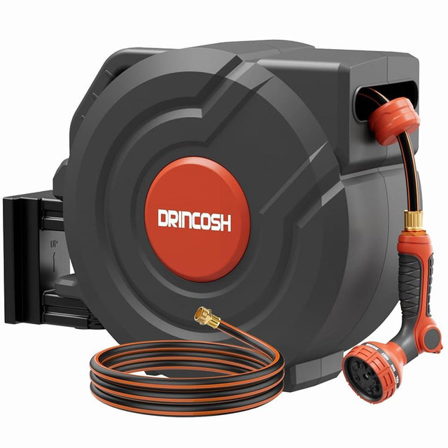 Retractable Garden Hose Reel 90 ft 5/8 inch Automatic Rewind with Any-Length Lock 9 Pattern Nozzle Sprayer 180° Swivel Wall-Mounted Hose Reel for Home Yards