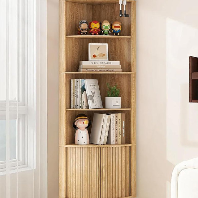 Limaoaio Corner Cabinet, 66.73'' Tall Modern Corner Bathroom Storage Cabinet with 2 Fluted Doors and Shelves, Home Space Saver for Kitchen, Living Room, Study Room (Wood Color, 66.73''H)