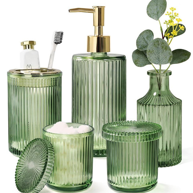 Green Bathroom Accessories 5 Pcs, Glass Bathroom Accessory Set, Vintage Green Bathroom Set, Sage Green Soap Dispenser and Toothbrush Holder Set, Qtip Holder, Small Flower Vase, Modern Bathroom Decor