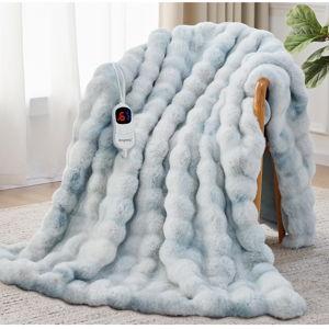 Heated Blanket Throw with 1/2/4/6/8 Hours Auto-Off 10 Heat Level, 50'' * 60'' Cozy Faux Rabbit Fur Bubble Electric Blanket with Overheat Protection (Blue)