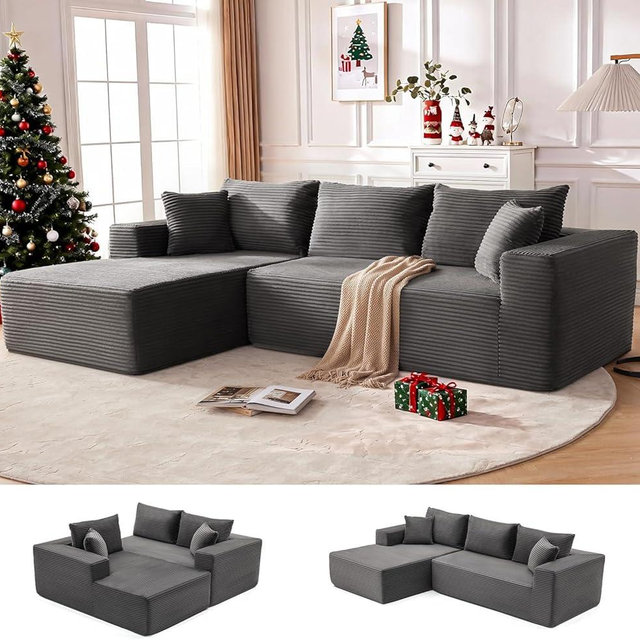 MANGODAN 110” Cloud Sectional Couch, Boneless Sofa for Living Room, Modular Sectional Sofa with Deep Seat, Comfy Fluffy Couch with L-Shaped Chaise, No Assembly Required (Left-Facing Chaise, Dark Grey)