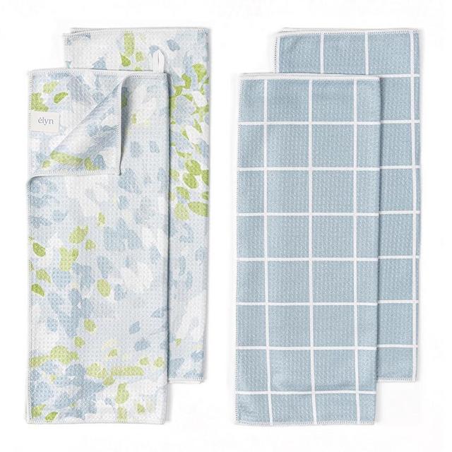 ELYN Microfiber Kitchen Dish Towel Set, Quick-Dry & Absorbent Waffle Weave Cleaning Towels, Set of 4 Kitchen Towels, Paper Towels Alternative (Painterly Floral & Grid)