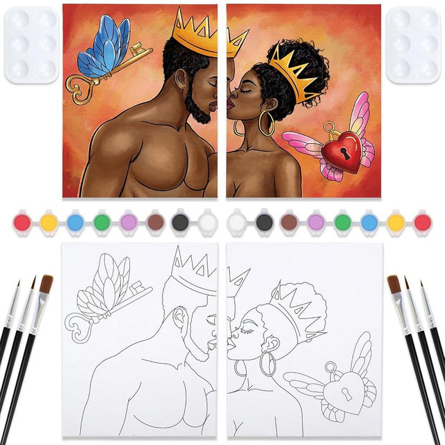Nuberlic Couples Painting Kit Date Night King and Queen Sip and Paint Kit for Adults Pre Drawn Canvas for Painting for Adult Pre Stretched Canvas Art Set Christmas Valentine's Day 2 Pack 8"x10"