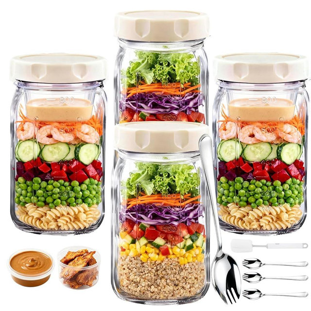 9PCS Salad Meal Prep Containers, 32oz Large Glass Salad Jars with Lids Meal Prep with 4 Forks, Leakproof Salad Container for Lunch with Separate Wet/Dry Dressing Cups for Home, Office and Outdoor