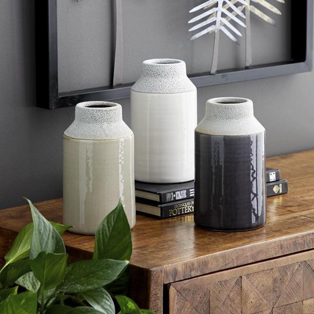 DecMode Ceramic Earthy, Coastal ,Minimalist, Neutral Vase Set of 3 5"W, 8"H, Matte and Textured Glaze Finish, in White, Beige and Charcoal Gray