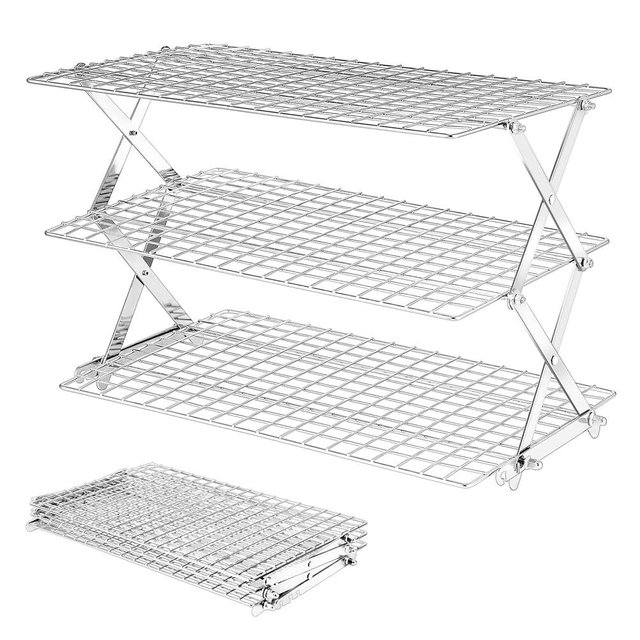 BEWOS 3-Tier Collapsible Cooling Rack - Adjustable Stainless Steel Baking Rack with X-Shaped Design and Leak-Proof Mesh Surface, Mirror Polished & Dishwasher Safe Cooling Rack