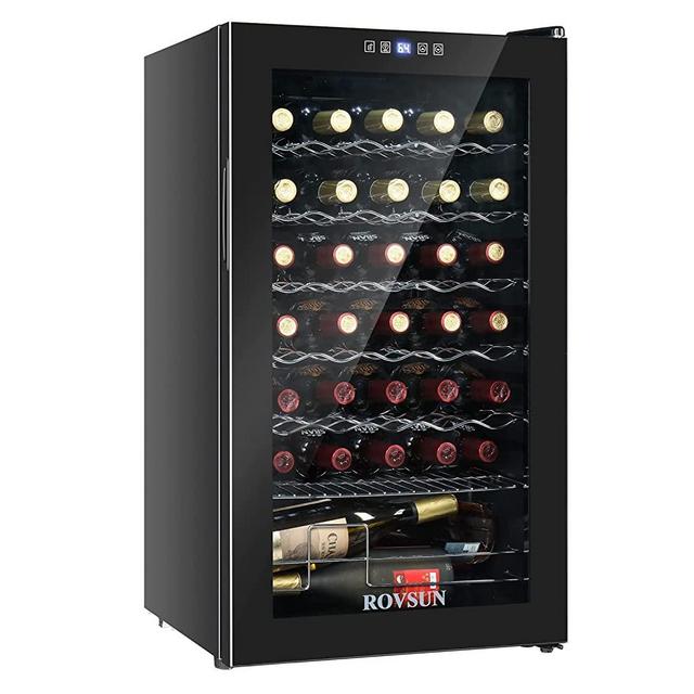 ROVSUN 34 Bottle Wine Cooler Refrigerator, Freestanding Compressor Wine Chiller, Beverage Wine Fridge with Digital Temperature Control & Double-layer Glass Door for Red White Wine, Champagne, Beer