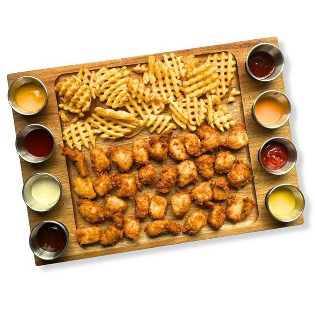 Double Sided Acacia Wood Serving Tray with Stainless Steel Cups and Lids - Perfect for Party Hosting Essentials and Charcuterie Board Parties, Serving Platter, Cheese Server