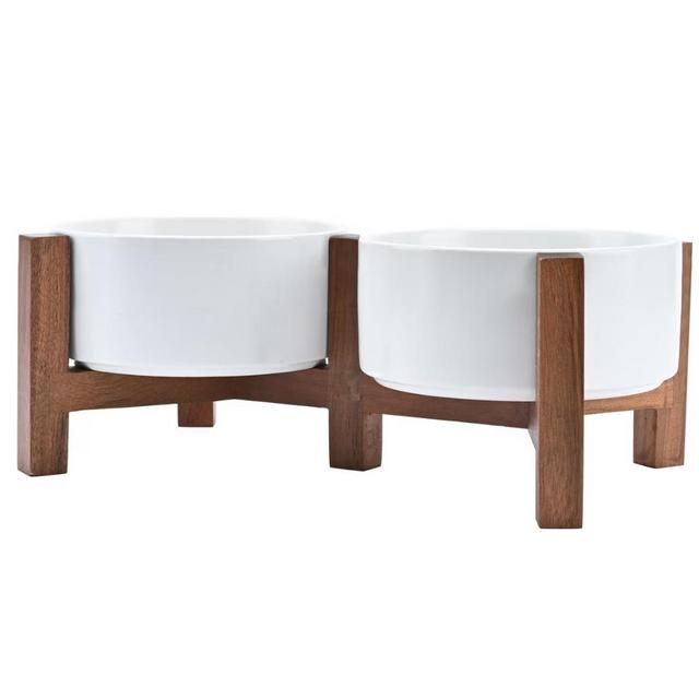 White Ceramic & Acacia Wood Dog Bowls