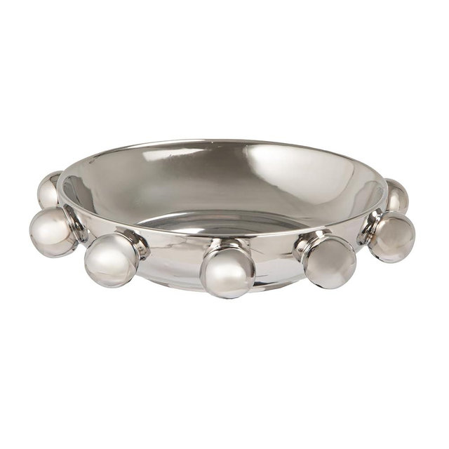 Bloomingville Round Stoneware Dish with Decorative Ball Accents, Chrome Finish