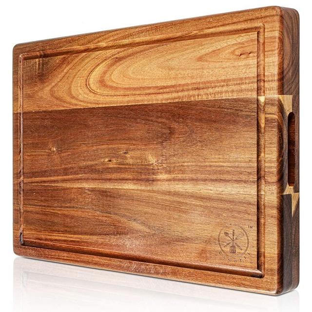 Premium 16"x12" Acacia Wood Cutting Board, Built-in Handle Storage Channel Kitchen Serving Chopping Butcher Block with Deep Juice Grooves