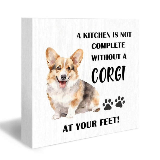 DUXMNAMG Funny A Kitchen Is Not Complete without A Corgi Wood Box Sign, Corgi Desk Shelf Decor, Dog Decor, Gifts for Corgi Dog Lovers Wooden Block Plaque Box Sign for Home Room Kitchen Table Decor