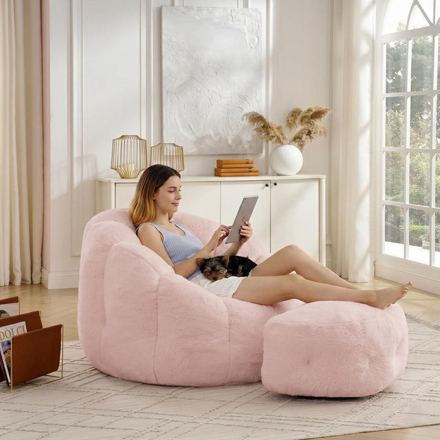 Mofolit 46" Oversized Flower Bean Bag Chair with Ottoman for Adults,Large Cozy Beanbag Chair with Artificial Rabbit Fur Fabric,Boneless Sofa for Living Room,Reading Room and Apartment. (Pink)