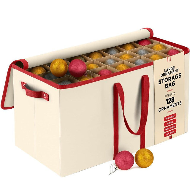 128 Ornament Storage Box, Adjustable Dividers, Stackable Holiday Ornament Organizer with Lid, Durable Fabric Bin for Christmas Decorations, Reinforced Handles, Dustproof & Space-Saving Design (White)