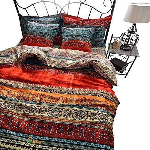 HNNSI Brushed Cotton Bohemian Duvet Cover and Fitted Sheet Sets Queen Size 4 Pieces, Bohemia Exotic Striped Bedding Sets, Boho Comforter Cover Sets,NO Comforter (Fitted Sheet Sets, Queen)