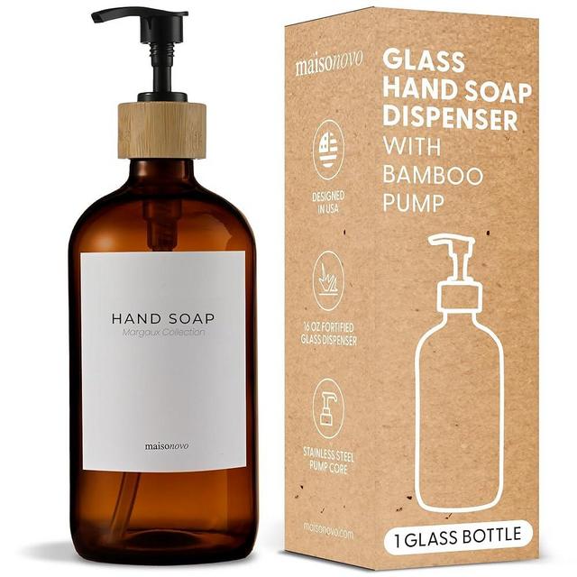 MaisoNovo Hand Soap Dispenser | 16.9 fl oz Amber Glass Soap Dispenser with Bamboo Pump