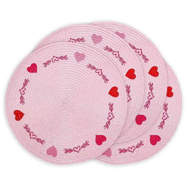 Whaline 4Pcs Round Valentine Placemats Red Pink Heart Embroidered Place Mats Decorative Dinner Table Mats for Home Wedding Anniversary Party Decor