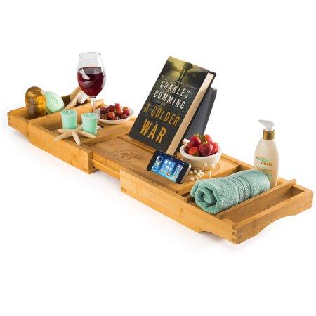 Luxury Bamboo Bathtub Caddy Tray, Expandable Sides Bath Caddy Tray (Book, Wine, Glass, Cell Phone Holder)