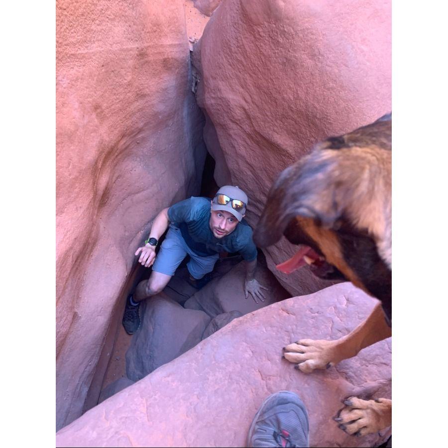 In the Antelope Slot Canyons with Dewey, trying to figure out how to get him down.