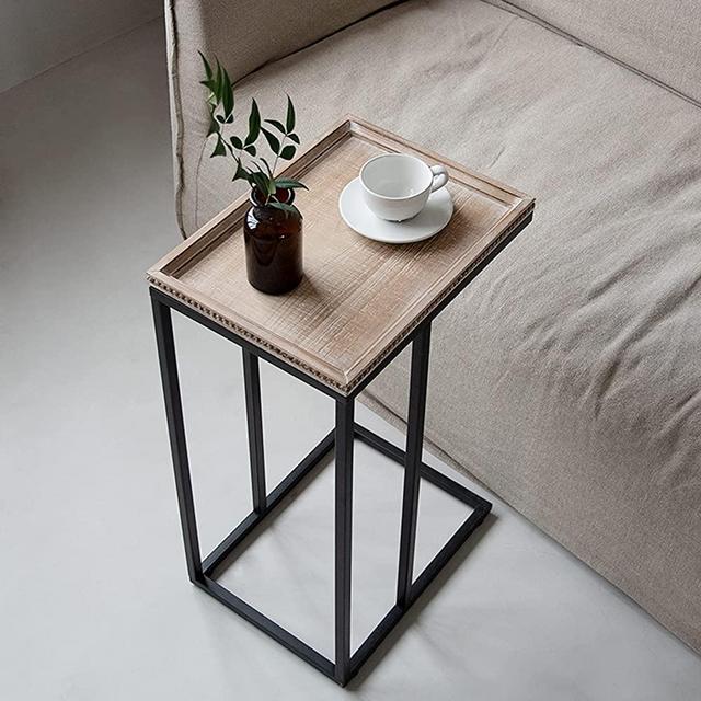 COZAYH Farmhouse C Table Couch End Table, Distressed Beaded Edge Tray Top Snack Side Table, Black