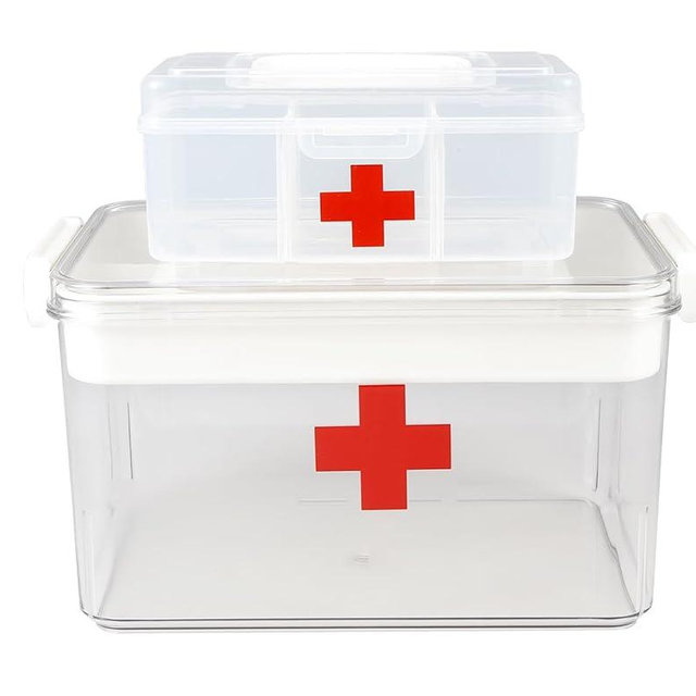 Xbopetda Home First Aid Box and Travel Medicine Storage Box, Plastic Medicine Kit Case Container Empty, Medical Box with Lock Lid & Handle, Emergency Supplies Organizer for Family and Traveling, Clear
