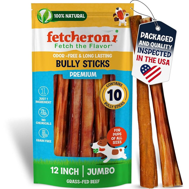 FETCHERONI Jumbo Bully Sticks for Dogs - 100% Beef Premium Flavor - A Thick, Challenging Bully Stick for Your Large Dog and Aggressive Chewer- Long Lasting Dog Chews for Large Dogs (12 Inch, 10 Pack)