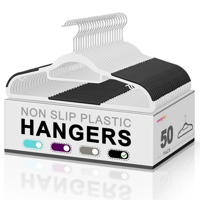 HOUSE DAY Plastic Hangers 50 Pack, Plastic Clothes Hangers Non Slip Hangers with Rubber Grip, Heavy Duty Plastic Hanger with 360º Swivel Hook, Ultra Thin Hangers Space Saving, White Hangers for Closet