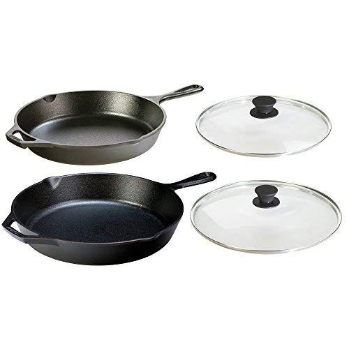 Lodge Seasoned Cast Iron 4 Piece Bundle. Two Sets of Cast Iron Skillets with Tempered Glass Lids. (10.25 Inch Set + 12 Inch Set)