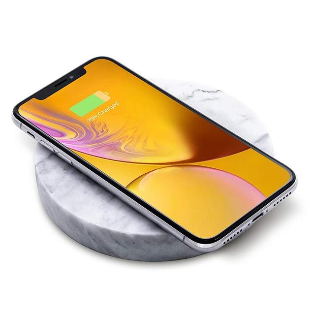 Eggtronic Wireless Charging Stone - Qi Certified 10W high Speed Charger with Built-in Durable Braided Cable for iPhone, Galaxy, Note, AirPods 2, AirPods Pro, Galaxy Buds, Pixel Buds - White Marble