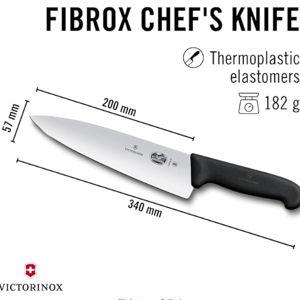 Victorinox Fibrox Pro Chef’s Knife, 8 Inch - Swiss Army Kitchen Knife, High Carbon Stainless Steel Blade, Non-Slip Fibrox Handle, Dishwasher Safe, Black