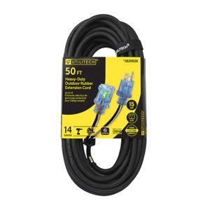Utilitech Rubber Cords 50-ft 14 / 3 3 Prong Black Indoor/Outdoor SJOOW Heavy Duty Lighted Extension Cord
