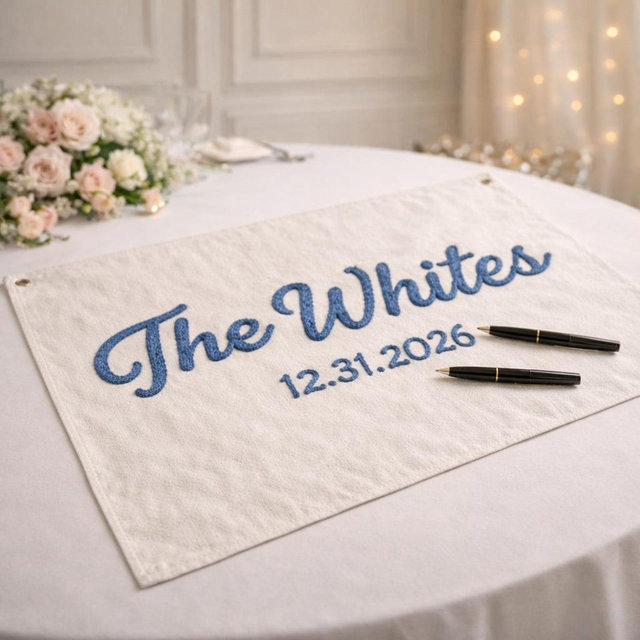 Hand-Stitched Embroidered Wedding Guest Book Canvas Banner, Personalized Last Name Sign