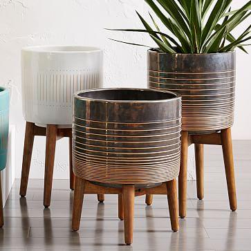 Mid Century Turned Wood Leg Planter- Black + Gold - Tall