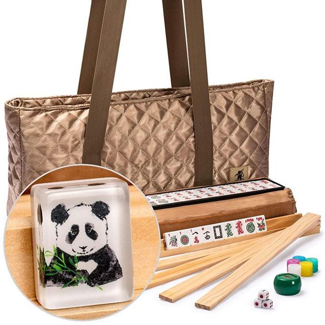 Yellow Mountain Imports American Mahjong Set, Panda Tiles with Tawny Brown Fabric Case - 4 All-in-One Racks with Pushers, Dice, Wind Indicator & Wright Patterson Scoring Coins