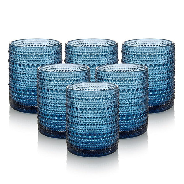 HomeVogue Hobnail Drinking Glasses Set of 6,12 oz Vintage Glassware Set Cocktail Glass Set, Embossed Clear Water Tumbler,for Beer, Whiskey,Juice and Various Mixed Drinks (12oz Blue)