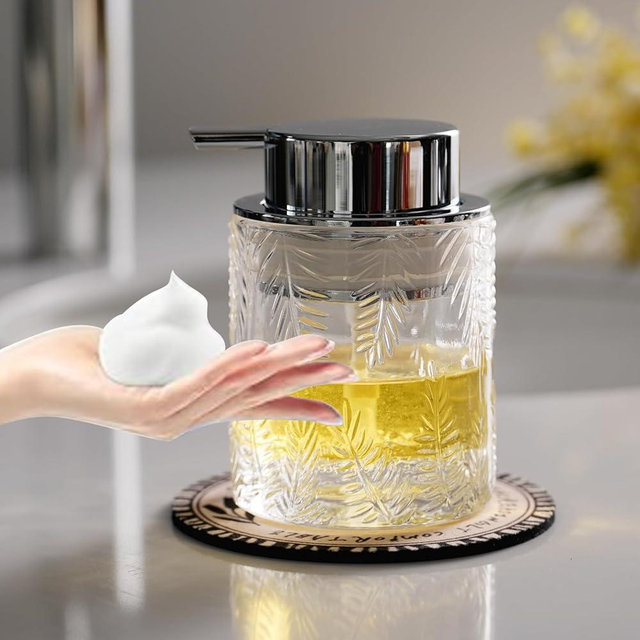 CICUFY Foaming Hand Soap Dispenser - Glass Foam or Lotion Dispenser for Kitchen & Bathroom, Refillable with Large Silver Pump (Leaf Pattern-Clear)