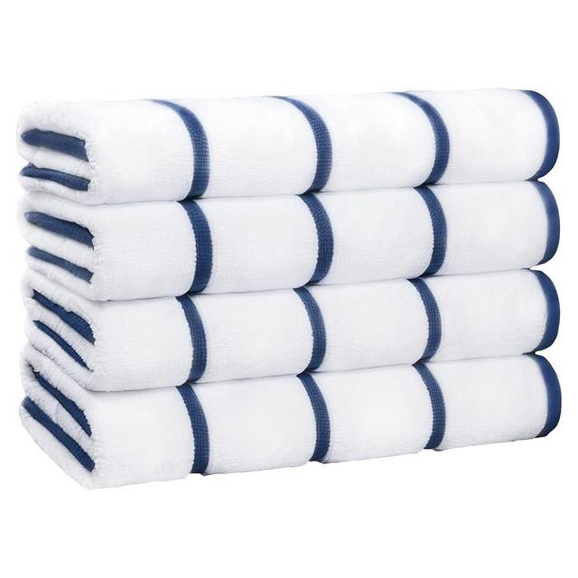 White Classic Cotton Pool Towels Oversized 30 x 60 Inches, Ultra Absorbent and Low Lint Striped Beach Towels for Adults, Stripes Design Luxury Extra Large Bath Towels, Navy Blue, 4 Pack