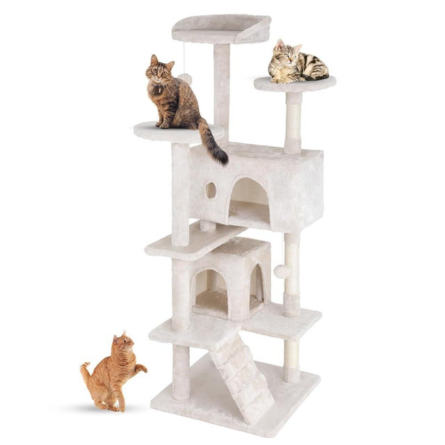 FDW Cat Tree 54in Cat Tower Multi-Level Durable Cat Scratching Post & Cozy Fun Cat Jumping Platform Space Saving Cat Condo Pet Play House for Indoor Cats,Beige