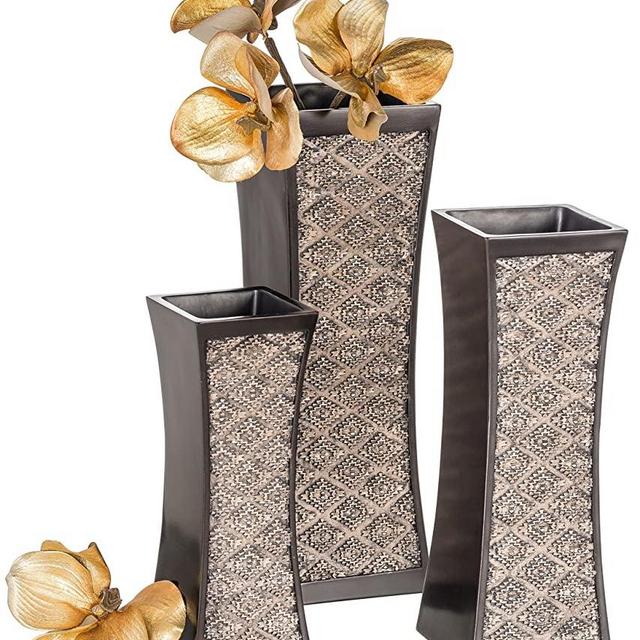 Dublin Decorative Vase Set of 3 in Gift Box, Durable Resin Flower Vase Set Decor, Rustic Decorated Dining Table Centerpiece Vases Home Accents for Living Room, Bedroom, Kitchen & More (Brown)