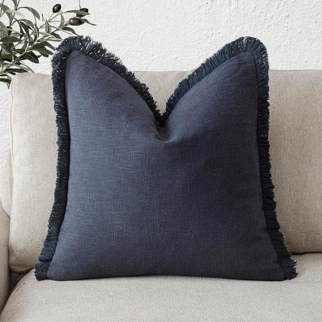 Foindtower Decorative Linen Fringe Throw Pillow Covers Cozy Boho Farmhouse Cushion Cover with Tassels Soft Accent Pillowcase for Chair Sofa Bed Living Room Home Decor, 24×24 Inch, 1PC, Navy Blue