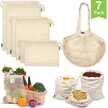 Reusable Produce Bags, Organic Cotton Mesh Bags Muslin Bags with Drawstring Bonus Reusable Grocery Bag for Shopping & Storage, Washable, Biodegradable, Eco-friendly, Tare Weight on Color Tag(7 Pack)