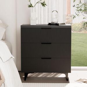 Fluted Nightstand with 3 Drawers, Side End Table, Accent Storage Cabinet,Modern Night Stand Bedside Table for Bedroom,Black