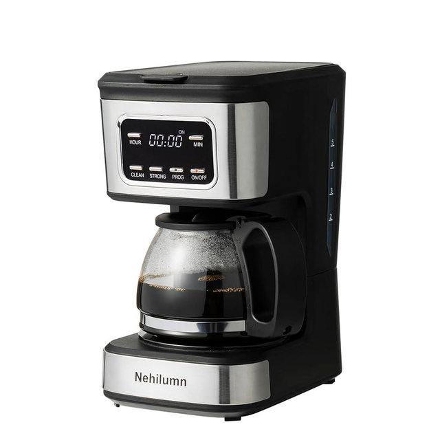 Nehilumn 5-Cup Programmable Coffee Maker - Reusable Filter, Clear Water Level Indicator, Auto Shut- Off, Black &Stainless Steel Coffee Pot
