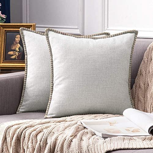 MIULEE Pack of 2 Decorative Throw Pillow Covers Farmhouse Modern Trimmed Cord Linen Burlap Cushion Cases Vintage Decor Pillowcases for Couch Sofa Bedroom 20 x 20 Inch Greyish White