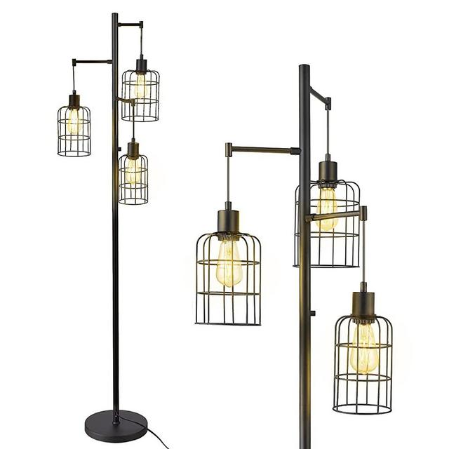 Upgraded Industrial Dimmable Floor Lamp - ELYONA 3-Light Tree Standing Light with Cage Shades - Farmhouse 71” Tall Pole Floor Lamp for Living Room,Bedroom,Office Reading, Edison Bulbs Included, Black