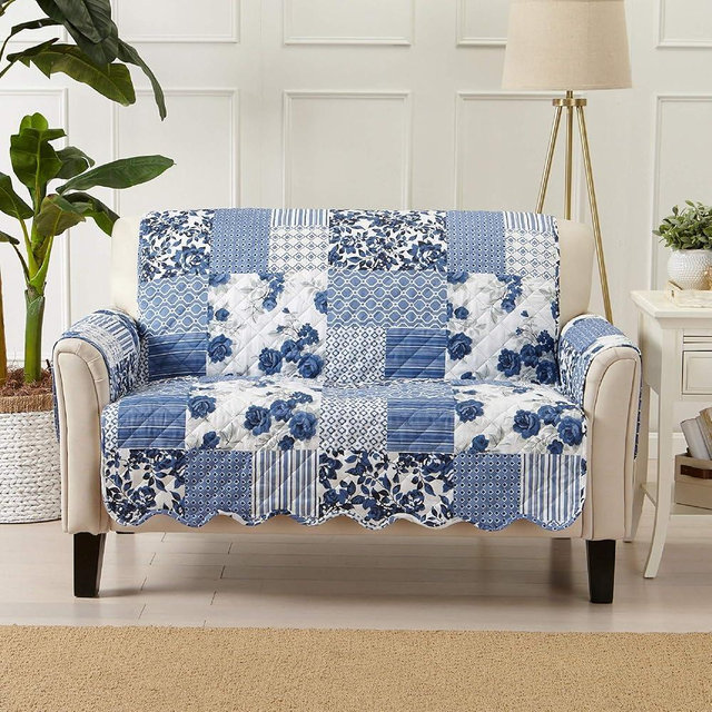Great Bay Home Reversible Patchwork Loveseat Cover - Washable Slipcover Furniture Protector with Elastic Straps - Couch Cover for Dogs, Kids, and Pets - Box-Stitched Detail (Loveseat, Navy)