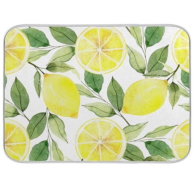 Absorbent Dish Drying Mat for Kitchen Counter - Yellow Lemon and Half Lemon Microfiber Drying Pad, Reversible Drainer Mats for Countertop, Medium 16 x 18 inch