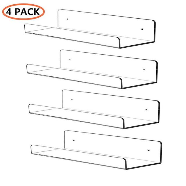 CY Craft 4 PCS Clear Acrylic Floating Shelves Display Ledge, 5 MM Thick Wall Mounted Storage Shelf for Nursery Decor,Invisible Kids Bookshelf and Small Toy Storage,15 Inch